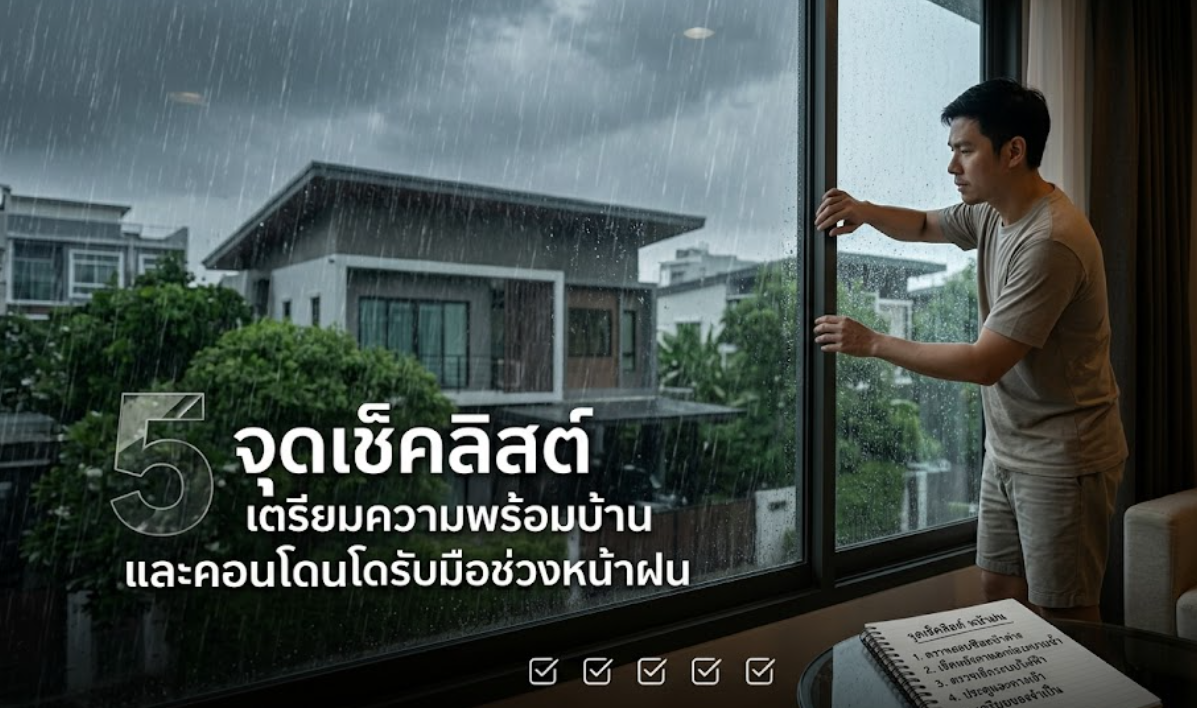 5 จุดเช็คลิสต์ เตรียมความพร้อมบ้านและคอนโดรับมือช่วงหน้าฝน คำแนะนำรูปหน้าปก: รูปบ้านท่ามกลางสายฝน หรือ รูปคนกำลังเช็คหน้าต่าง